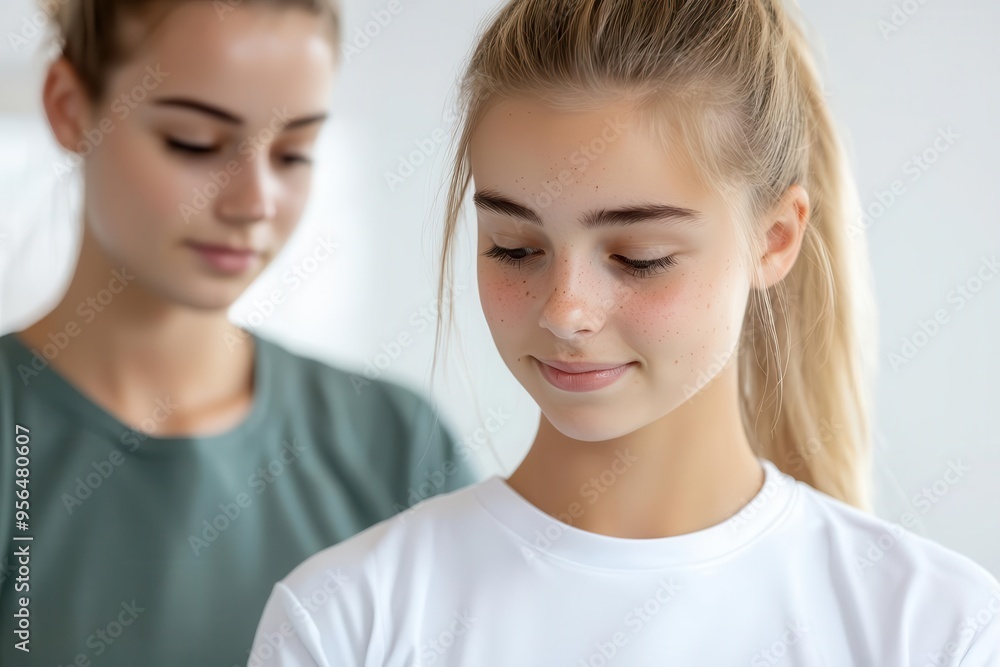 Chiropractor assisting young woman with muscle stretch, therapeutic care, wellness in focus, healthcare professionalism Chiropractor assisting young woman with muscle stretch, therapeutic care, wellness in focus, healthcare professionalism