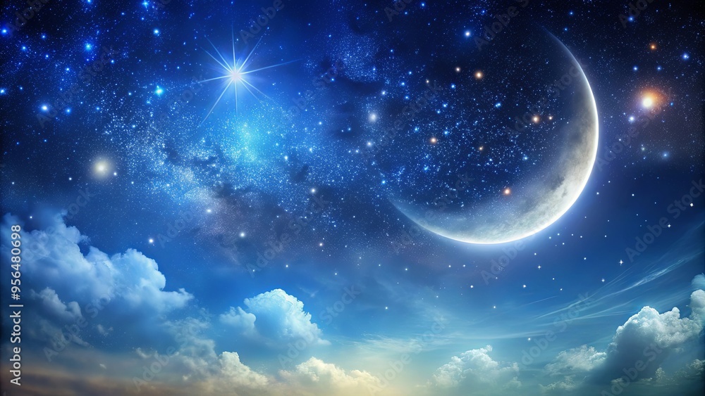 Tranquil night sky with a crescent moon and twinkling stars, showcasing the beauty of the cosmos Tranquil night sky with a crescent moon and twinkling stars, showcasing the beauty of the cosmos