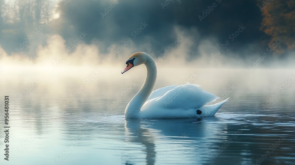 Fototapeta premium Beautiful white swan swimming in water Fine art nature with wild bird and river mist Animal wildlife wallpaper background : Generative AI