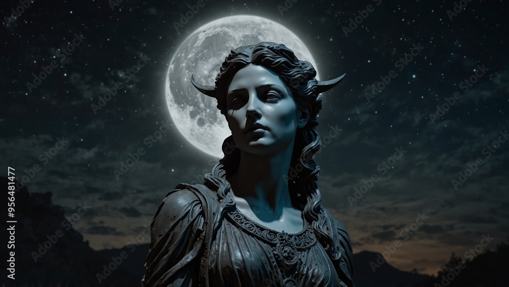 A statue of Hecate standing at a crossroads, holding the moon, with a mysterious night scene as the backdrop. A statue of Hecate standing at a crossroads, holding the moon, with a mysterious night scene as the backdrop.