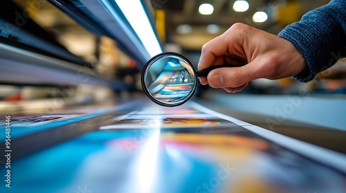 Print house worker controlling printing process quality and checking colors with magnifying glass : Generative AI