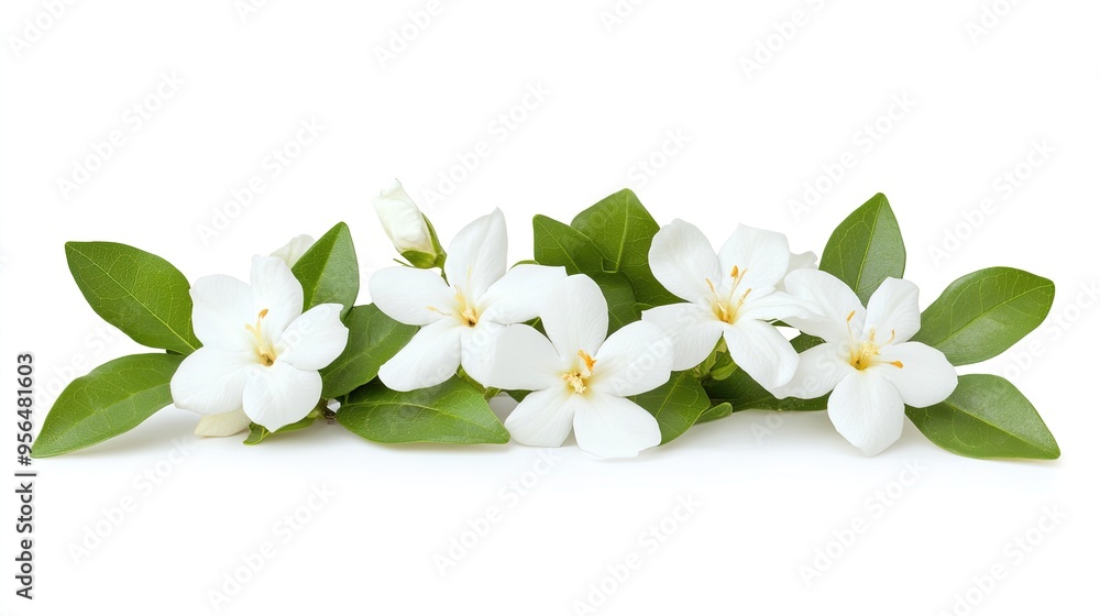 White flowers with green leaves on a white background. White flowers with green leaves on a white background.