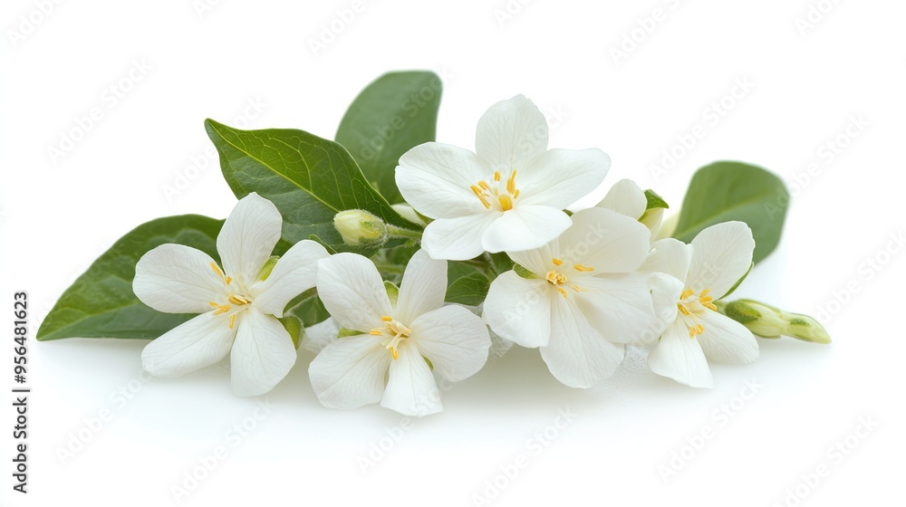 White flowers with green leaves isolated on white background. White flowers with green leaves isolated on white background.