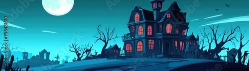 Spooky mansion in the moonlight, flat design, side view, ghostly hauntings theme, animation, vivid colors