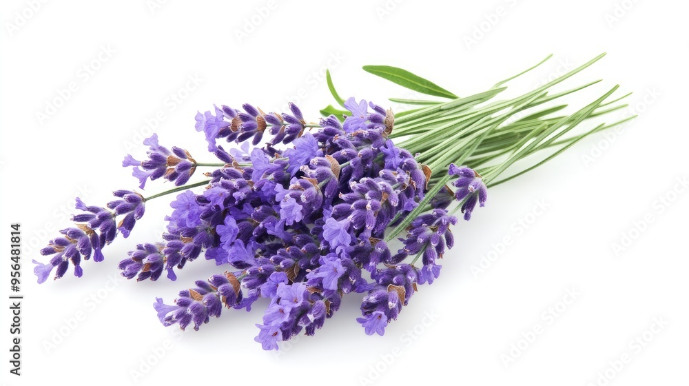 A bunch of fragrant lavender flowers with green stems isolated on a white background. A bunch of fragrant lavender flowers with green stems isolated on a white background.