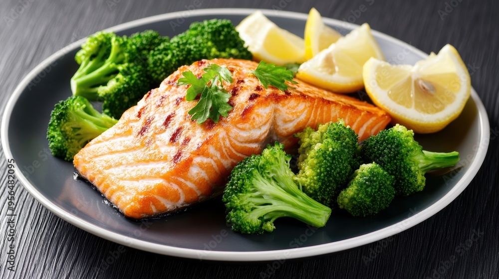 a plate of grilled salmon with steamed broccoli and lemon wedges, plated elegantly for a healthy, balanced meal a plate of grilled salmon with steamed broccoli and lemon wedges, plated elegantly for a healthy, balanced meal
