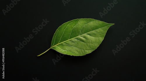 A single green leaf with intricate veins stands out against a black background, creating a simple yet elegant image.