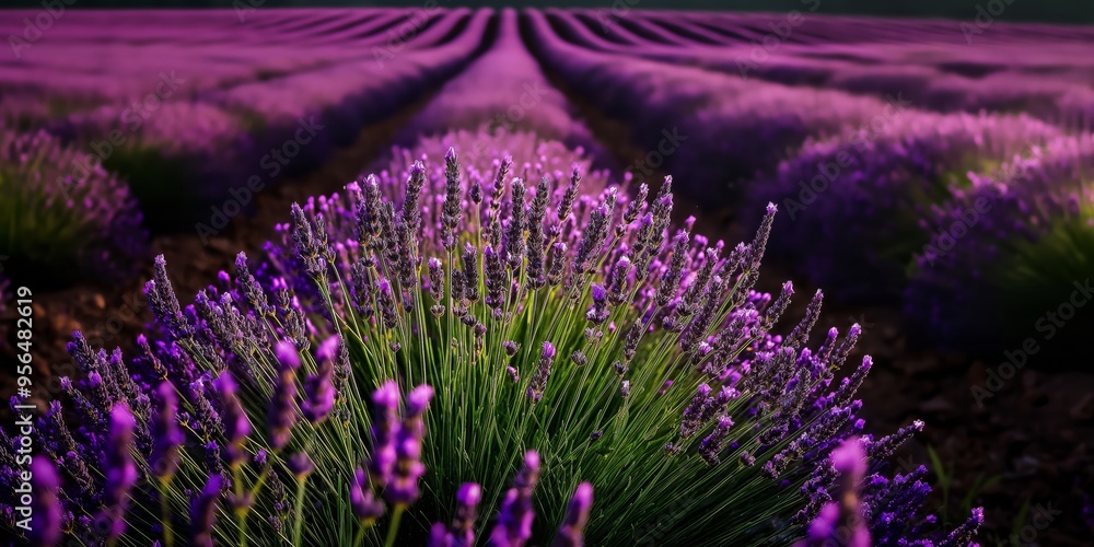 Fototapeta premium Close-up image of vibrant lavender flowers in full bloom, showcasing their vivid purple hues and delicate structure under the warm sunlight, set in a neat and expansive field.