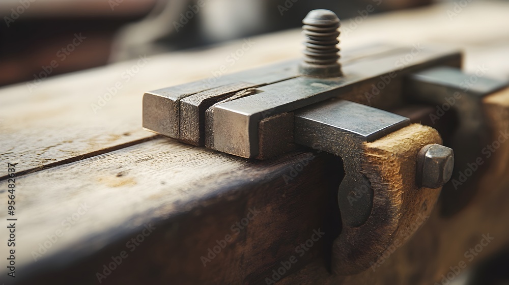 Close up macro photograph of a metal woodworking clamp securely holding two wooden pieces together highlighting the tension alignment Close up macro photograph of a metal woodworking clamp securely holding two wooden pieces together highlighting the tension alignment