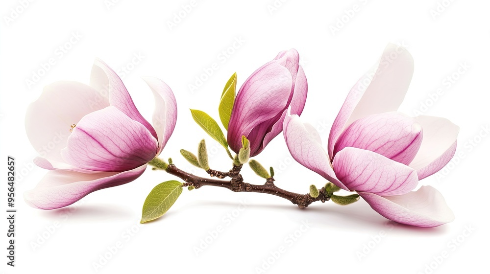 Pink magnolia blossoms on a branch isolated on a white background. Pink magnolia blossoms on a branch isolated on a white background.