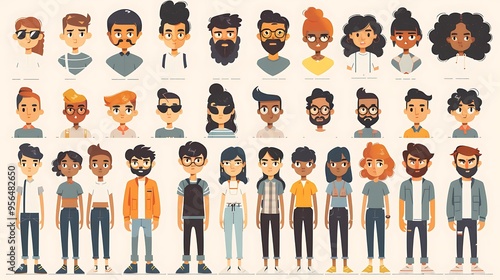 Flat design character creator, mix-and-match elements, 