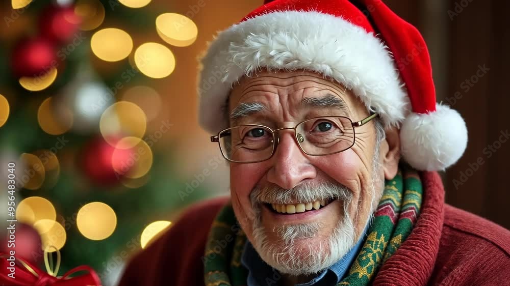 Cheerful elderly man in a Christmas hat holding a gift by a decorated tree during winter festivities Cheerful elderly man in a Christmas hat holding a gift by a decorated tree during winter festivities