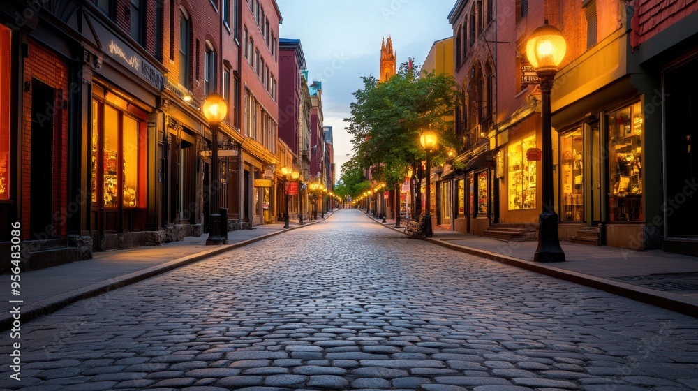 Obraz premium a quiet street scene in a hidden urban neighborhood, with cobblestone streets, quaint shops, and street lamps casting a soft glow in the evening light