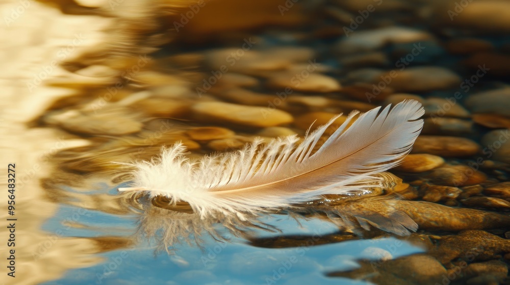 A delicate feather resting on the surface of a still, reflective pool A delicate feather resting on the surface of a still, reflective pool
