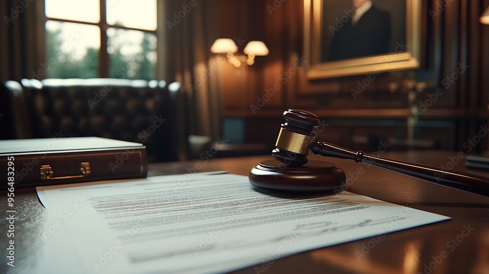 Obraz premium Property Lawyer desk with gavel and contract paper of attorney nobody no people : Generative AI