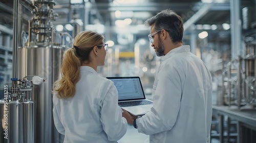 Middle Aged Engineer and Female Scientist Standing with Their Back Using Laptop Computer and Talking in a Factory Facility with Equipment Producing Modern Technical Devices for Differe : Generative AI photo