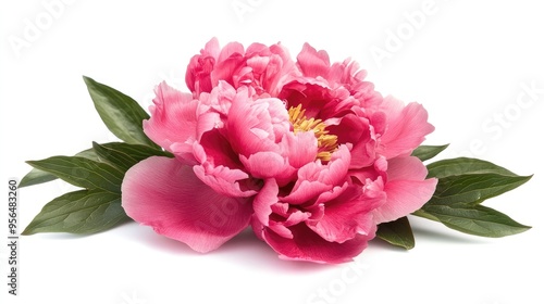 Pink peony flower with green leaves isolated on white.