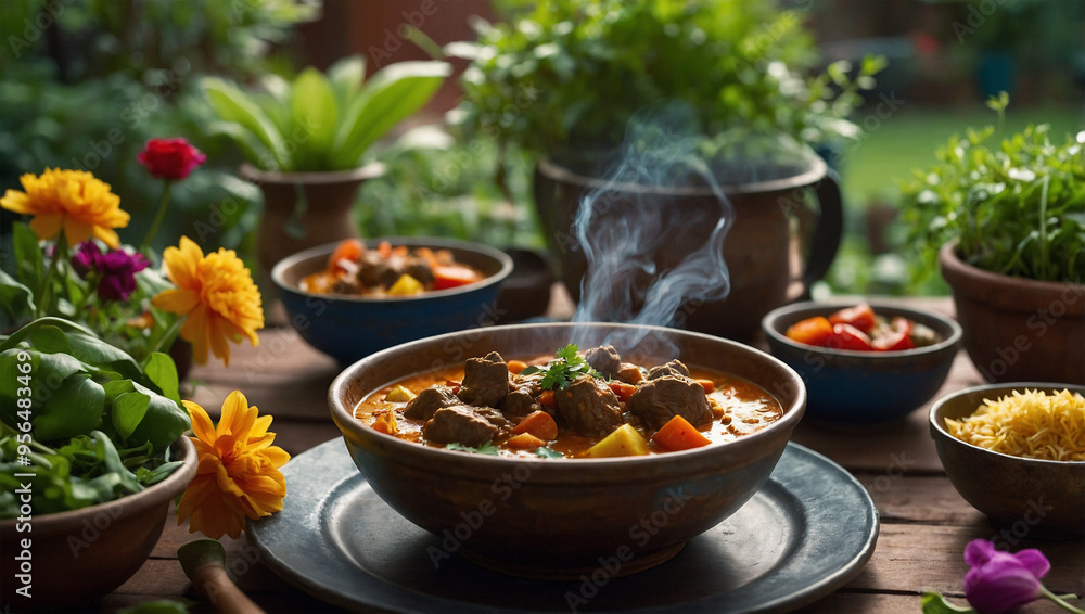 A bowl of hot lamb curry with steam, served on a table in a garden full of colorful flowers and green plants. A bowl of hot lamb curry with steam, served on a table in a garden full of colorful flowers and green plants.