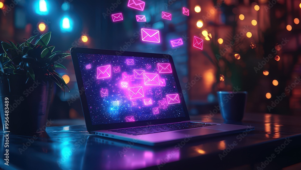 A laptop with an open purple screen displaying colorful, glowing email icons floating above the interface A laptop with an open purple screen displaying colorful, glowing email icons floating above the interface