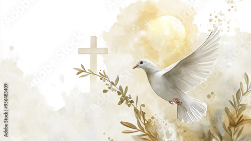 Watercolor illustration, a white dove with elegant wings and soft feathers soars through sky, symbolizing peace and love as it flies gracefully, embodying the gentle beauty of this cherished bird.