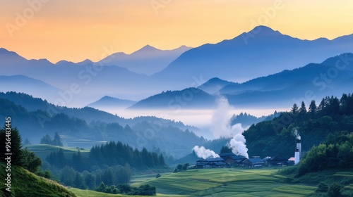 a quiet village nestled in the mountains, with smoke rising from chimneys, a peaceful rural scene
