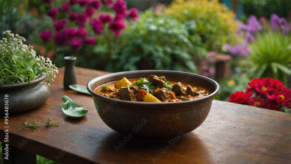 A bowl of hot lamb curry with steam, served on a table in a garden full of colorful flowers and green plants. A bowl of hot lamb curry with steam, served on a table in a garden full of colorful flowers and green plants.