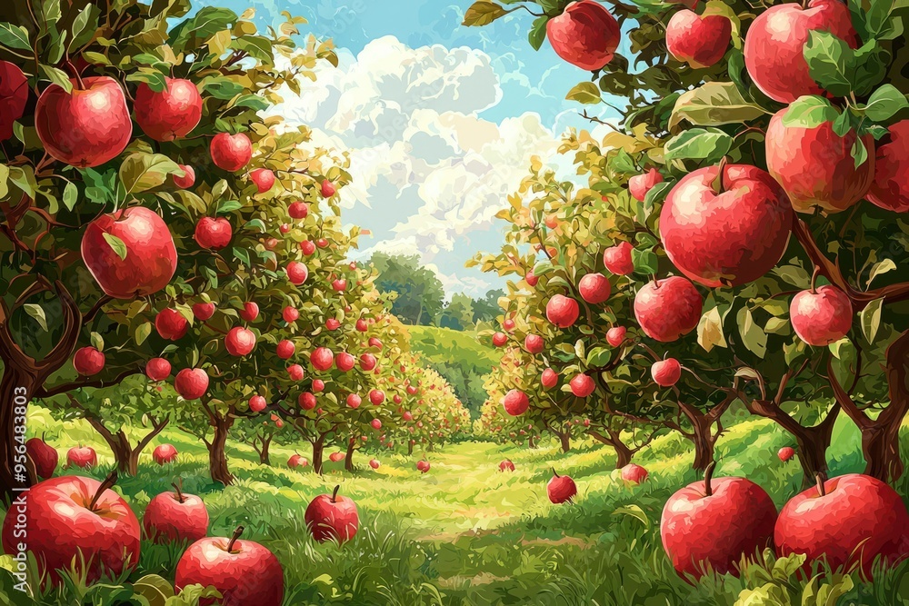 Lush Apple Orchard with Red Apples and Green Foliage Lush Apple Orchard with Red Apples and Green Foliage