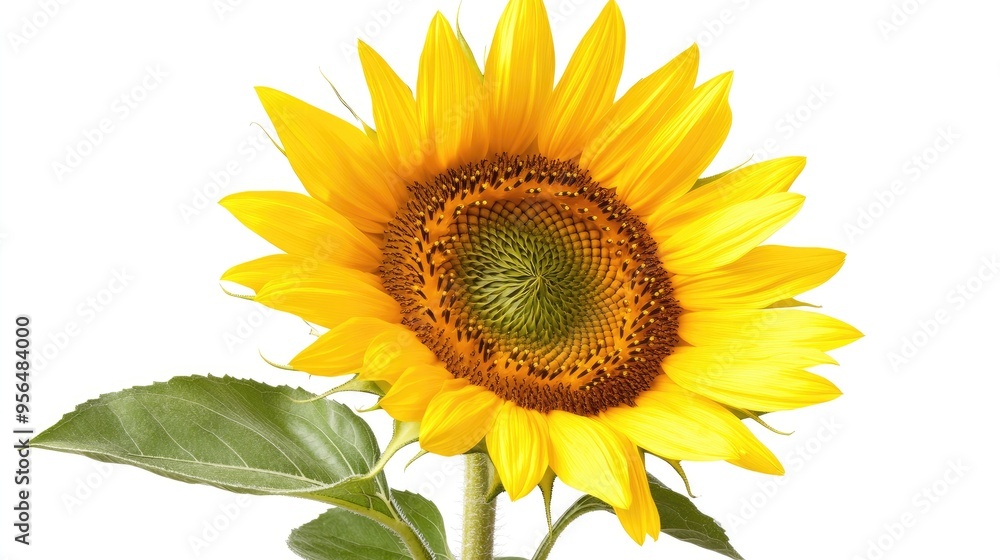 A vibrant sunflower with bright yellow petals and a dark brown center, isolated on a white background. A vibrant sunflower with bright yellow petals and a dark brown center, isolated on a white background.
