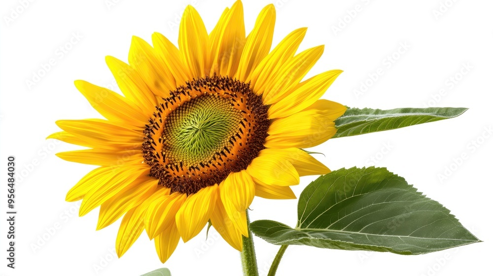 Obraz premium A vibrant sunflower with bright yellow petals and a dark brown center, isolated on a white background.