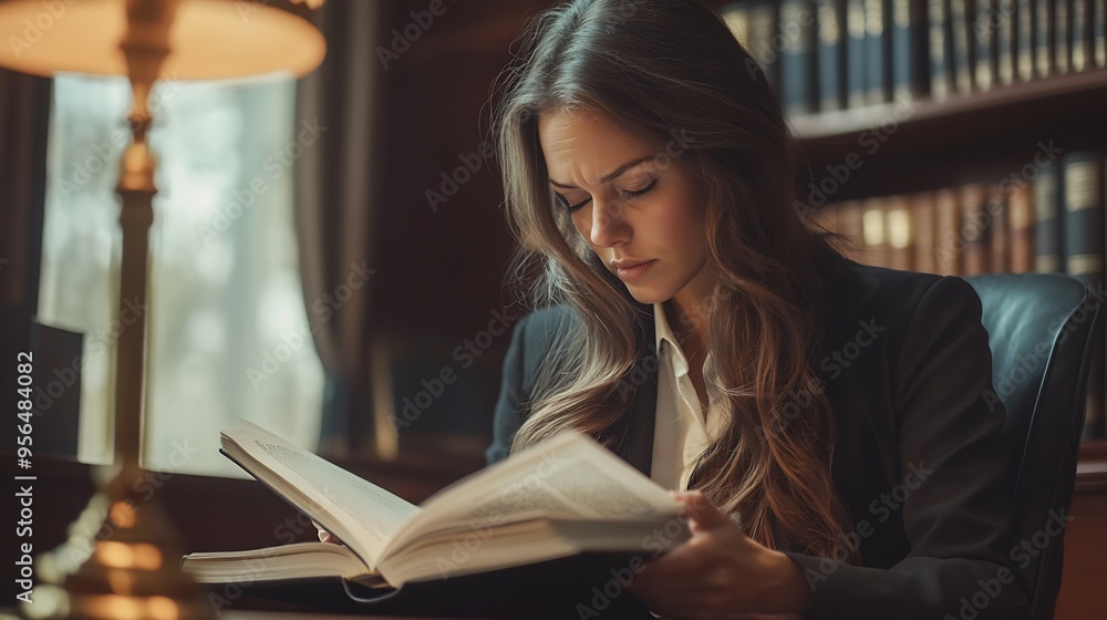Female lawyer or legal counsel sitting at desk reading and reviewing data in file folder legal book in accordance with the principles of jurisprudence to study and find information : Generative AI Female lawyer or legal counsel sitting at desk reading and reviewing data in file folder legal book in accordance with the principles of jurisprudence to study and find information : Generative AI