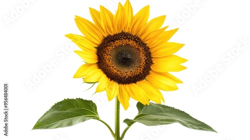 A single sunflower with bright yellow petals and a brown center isolated on a white background.