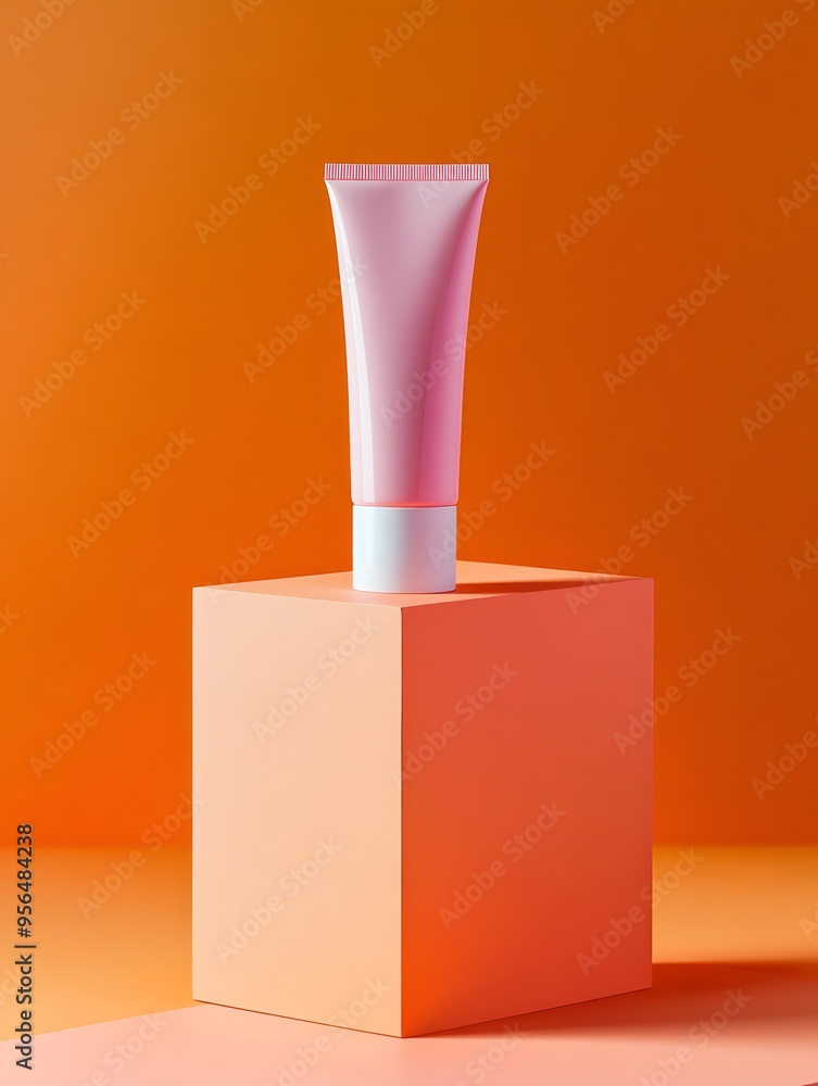 A pink tube of beauty product on a peach-colored podium against an orange background. A pink tube of beauty product on a peach-colored podium against an orange background.