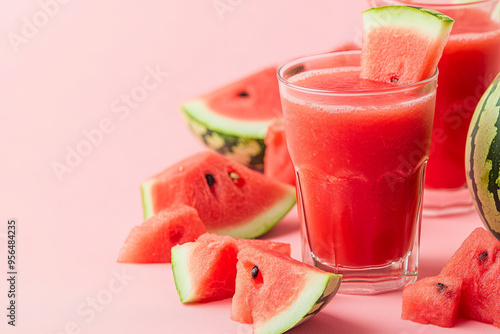 Close-up fresh watermelon juice or smoothie in glasses with watermelon pieces on pink background. Refreshing summer drink
 photo