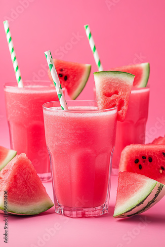 Close-up fresh watermelon juice or smoothie in glasses with watermelon pieces on pink background. Refreshing summer drink
 photo