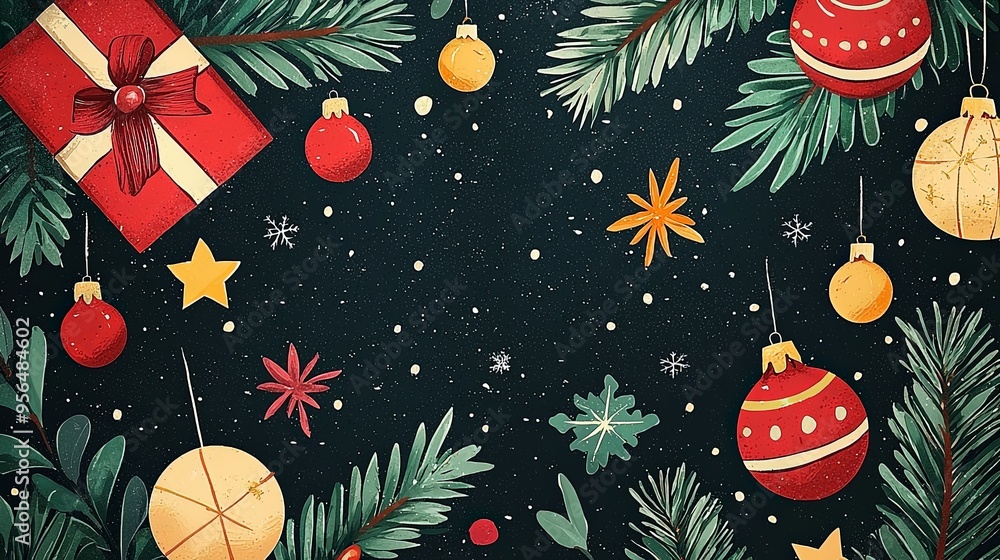This illustration captures a festive Christmas scene with stylized ornaments, pine branches, and gift boxes, set against a starry, dark background, bringing holiday cheer and warmth. This illustration captures a festive Christmas scene with stylized ornaments, pine branches, and gift boxes, set against a starry, dark background, bringing holiday cheer and warmth.