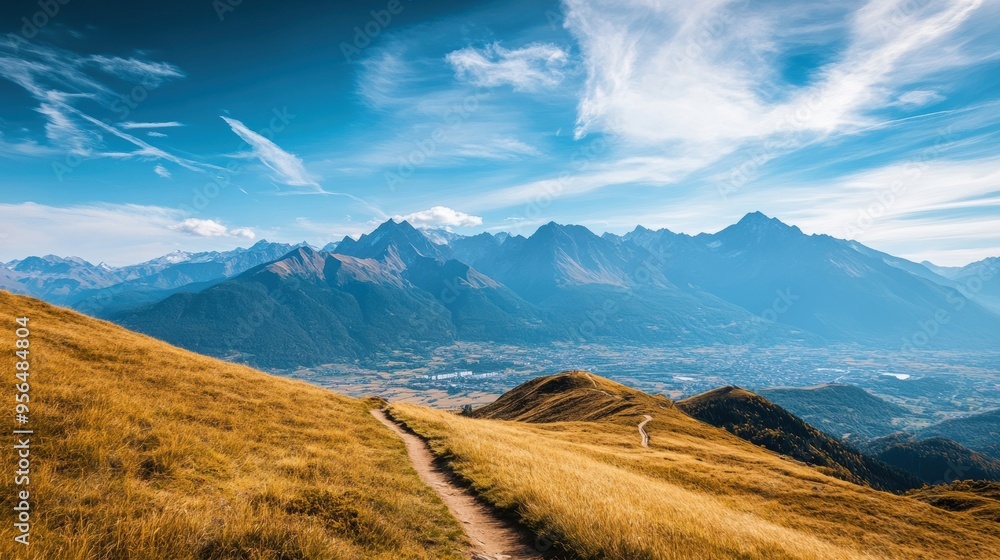a remote mountain landscape with rugged peaks, winding trails, and a distant city visible in the valley below, capturing the grandeur of nature