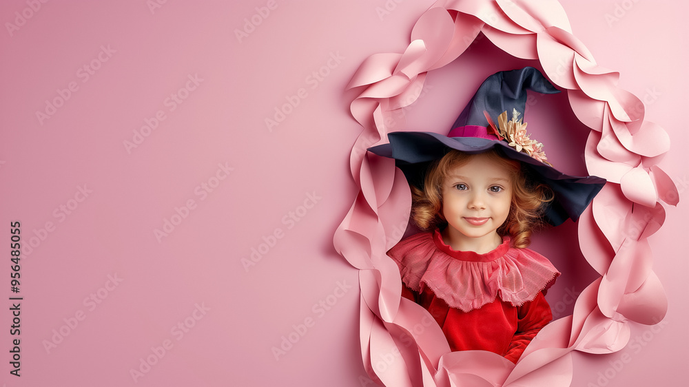 A young child dressed as a witch with a vibrant hat and ruffled attire playfully looks through a charming pink frame, embodying the spirit of Halloween festivities A young child dressed as a witch with a vibrant hat and ruffled attire playfully looks through a charming pink frame, embodying the spirit of Halloween festivities