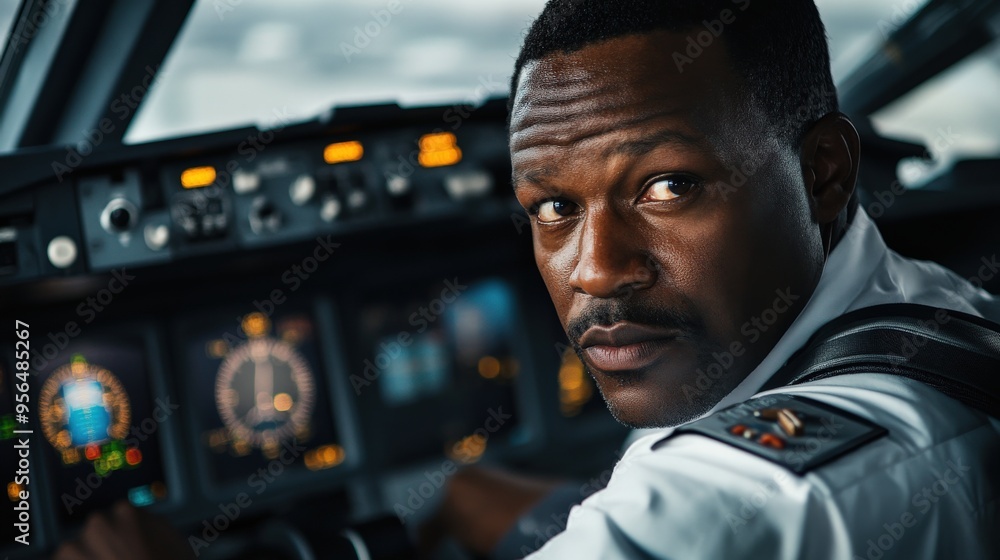 An African American pilot attentively navigates the aircraft cockpit, monitoring multiple instruments and controls with focus and expertise as bright daylight streams in