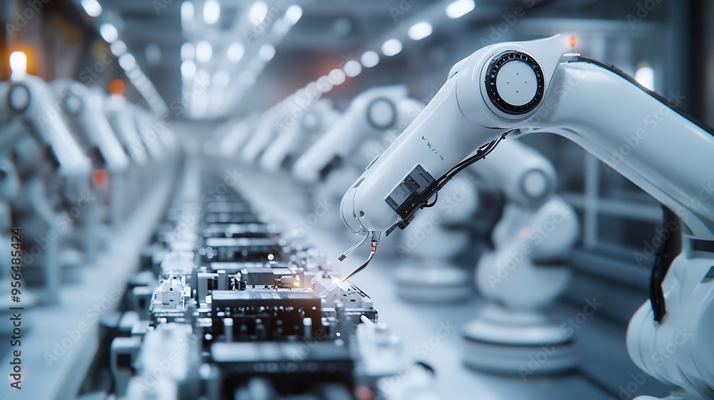 Fototapeta premium Industrial Robot Arms Assemble LithiumIon EV Battery Pack Row of White Robotic Arms at Automated Production Line at Bright Modern Factory Electric Car Manufacturing Inside Automotive S : Generative AI