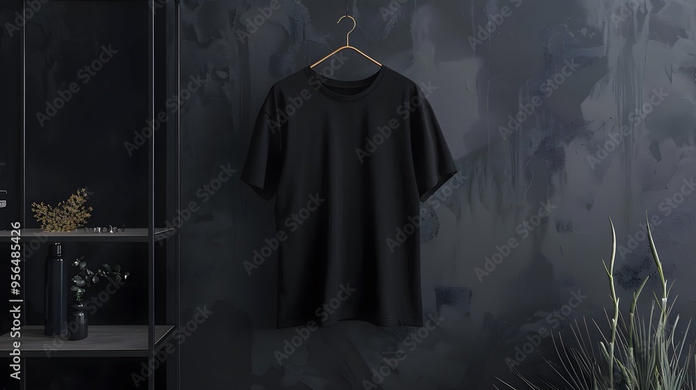 Naklejka premium A black t-shirt hangs on a wooden hanger against a dark grey textured wall.