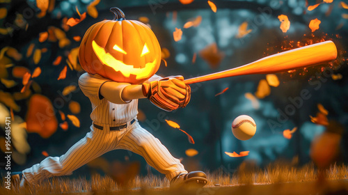 Halloween glowing Pumpkin headed baseball player hitting a baseball ball, 3D render