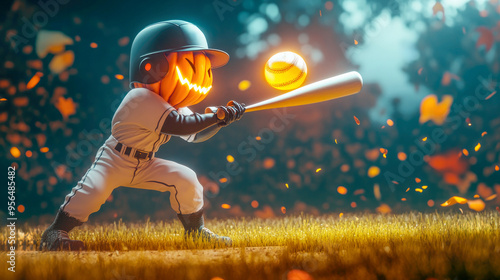 Halloween glowing Pumpkin headed baseball player hitting a baseball ball, 3D render