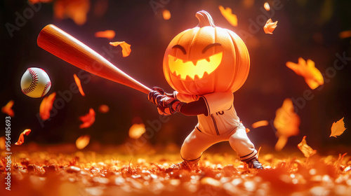 Halloween glowing Pumpkin headed baseball player hitting a baseball ball, 3D render