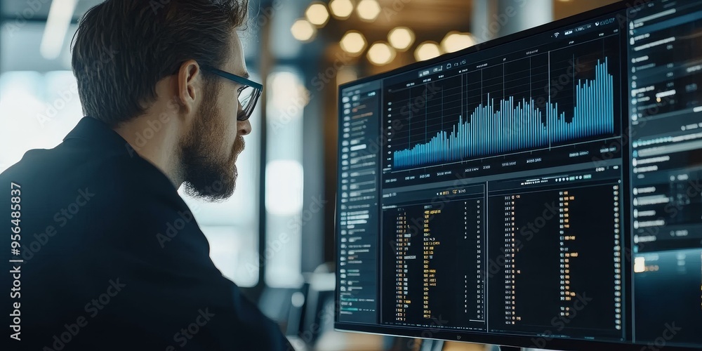 Man looking at charts and data on a computer screen. Man looking at charts and data on a computer screen.