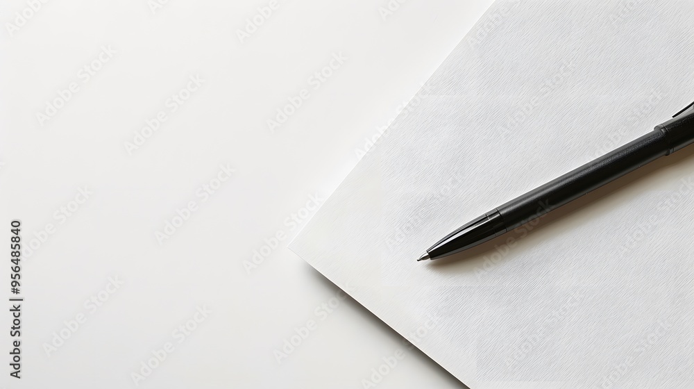 A black pen resting on a blank white notepad, ready for writing. A black pen resting on a blank white notepad, ready for writing.