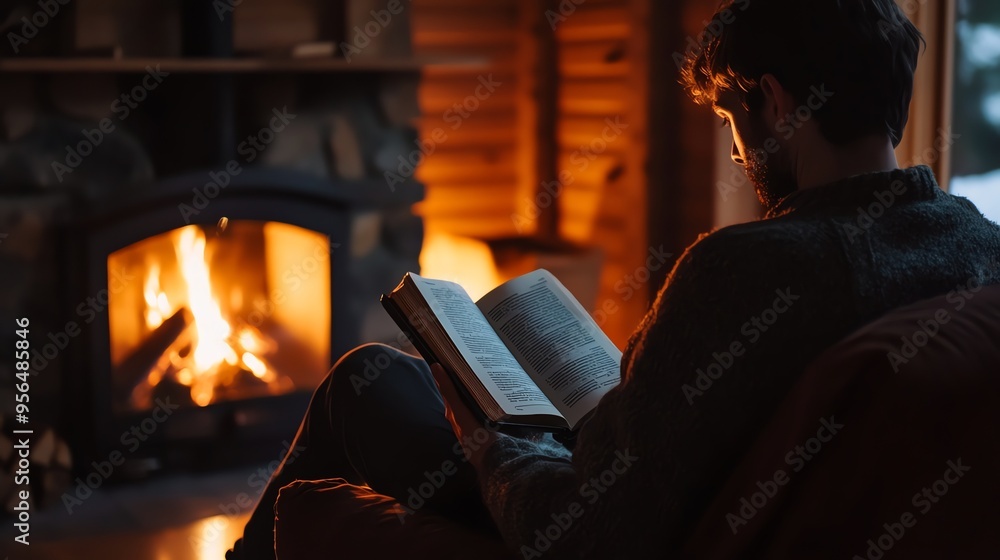Man reading a book by a fireplace. Man reading a book by a fireplace.