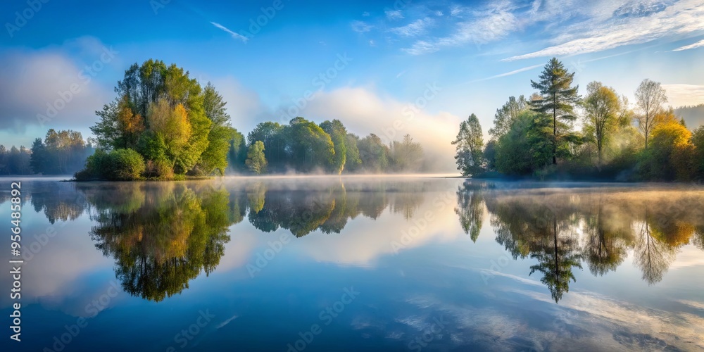 Obraz premium Tranquil lake with misty morning fog and mirror-like water reflecting surrounding trees