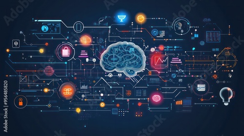 Infographic for AI in business highlighting artificial intelligence applications in various sectors, with digital icons, network graphics, and sleek modern design in cool, tech-inspired colors