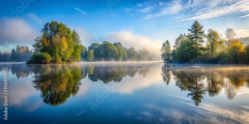 Tranquil lake with misty morning fog and mirror-like water reflecting surrounding trees