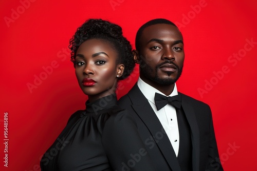 Elegant couple in formal attire on red backdrop.